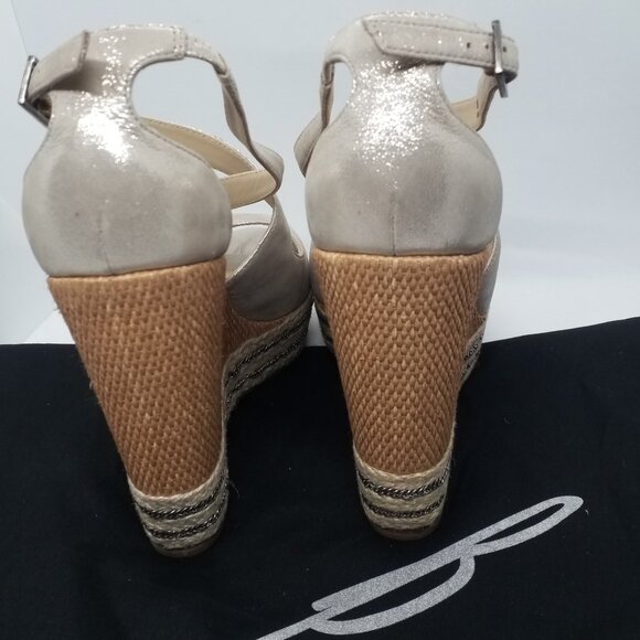 Brian Atwood size 8 Metallic Leather Platform Wedge Sandals with Rattan and Jute - Picture 2 of 9